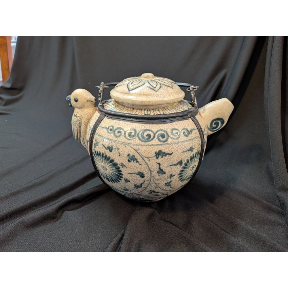 Antique Blue & White Asian Teapot Figural Spout